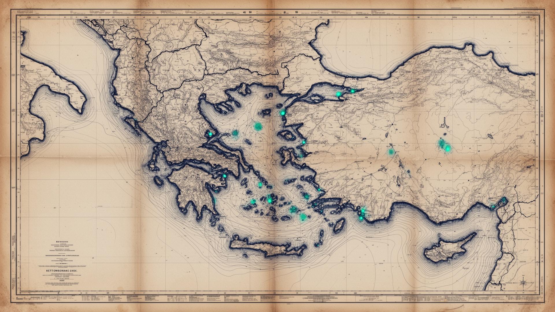 Mediterranean nautical reference chart with port markers